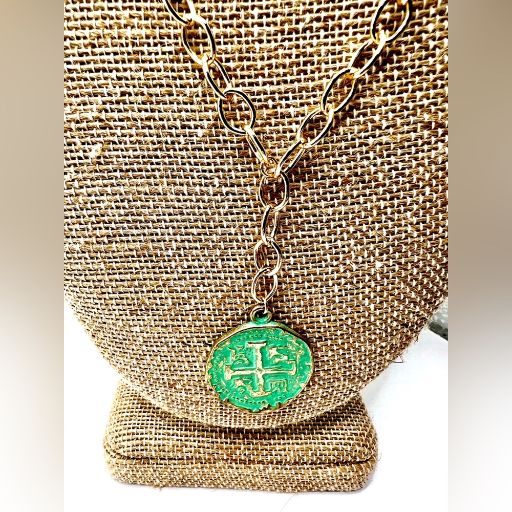 Spanish Cross Coin Replica Gold Tone Pendant Necklace